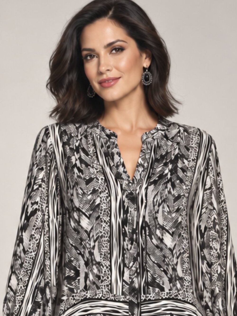 Style & Co. Black White Abstract Animal Print 3/4 Sleeve Blouse Size M
